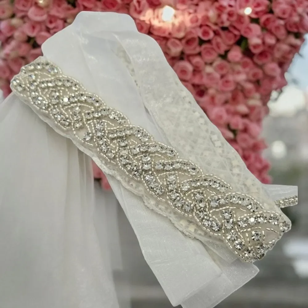 Rhinestone Bridal Belt Sash Crystal Beaded Wedding Dress Waist Tie White 95